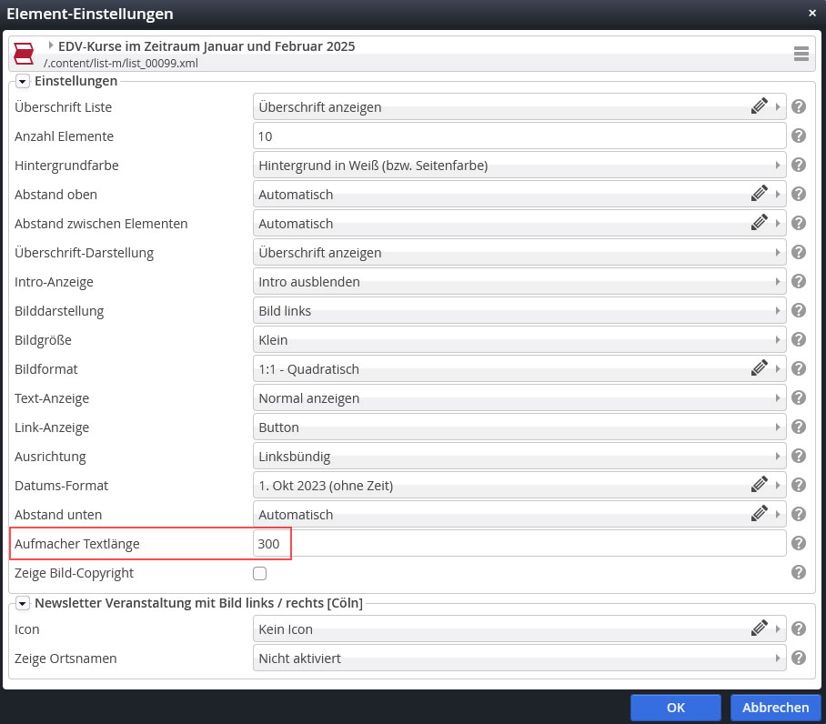 Screenshot, auf dem der Dialog 'Element-Einstellungen' zu sehen ist