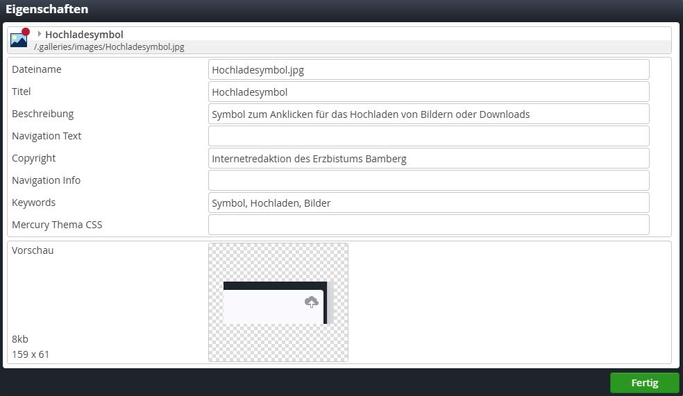 Screenshot der Anzeige, in der die Metadaten eines Bildes eingetragen werden