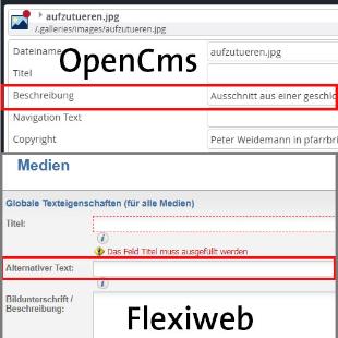 (c) eob Shots, die zeigen, wie in OpenCms und Flexiweb alternative Bildtexte geschrieben werden können.