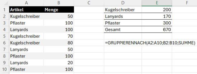 ein Shot, der die Anwendung der Funktion 'GRUPPIERENNACH' erklärt.