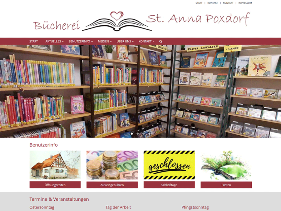 Shot der Startseite der Homepage der Bücherei Poxdorf