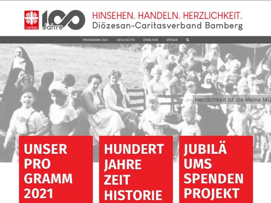 Shot der Startseite der Homepage zum 100jährigen Jubiläum des Diözesancaritasverbands
