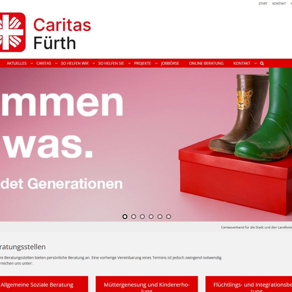 Shot der Startseite der Homepage der Caritas Fürth mit Verlinkung