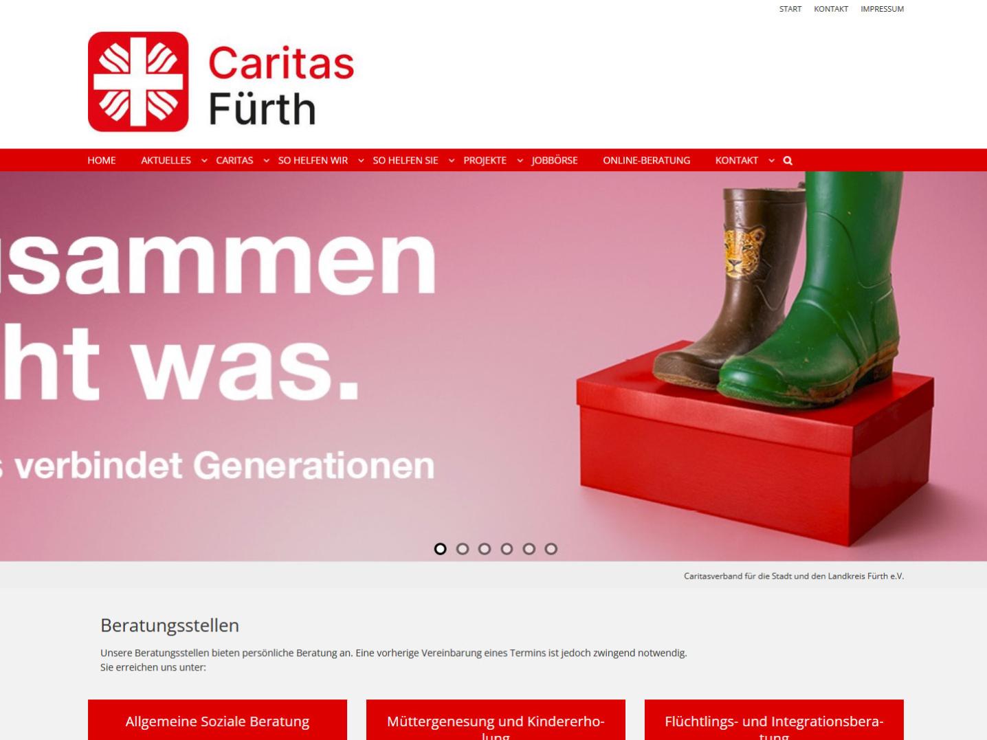 Shot der Startseite der Homepage der Caritas Fürth mit Verlinkung