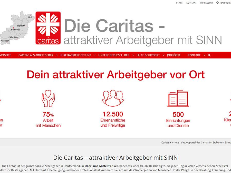 Shot der Startseite der Homepage der Karrieresite des Diözesanverbands der Caritas Bamberg