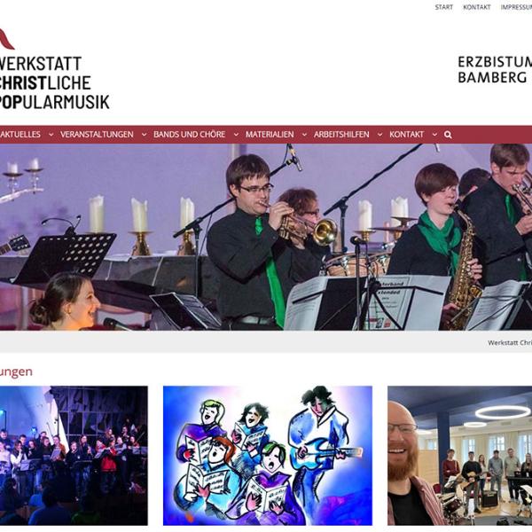 Shot der Startseite der Homepage der Werkstatt christliche Popularmusik mit Verlinkung zur Startseite