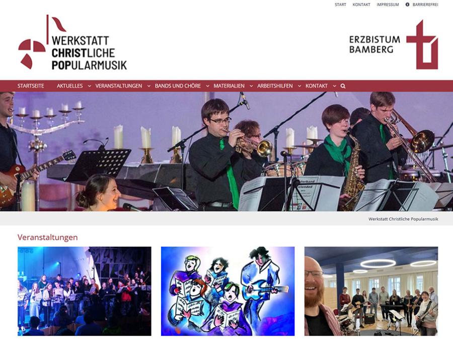 Shot der Startseite der Homepage der Werkstatt christliche Popularmusik mit Verlinkung zur Startseite