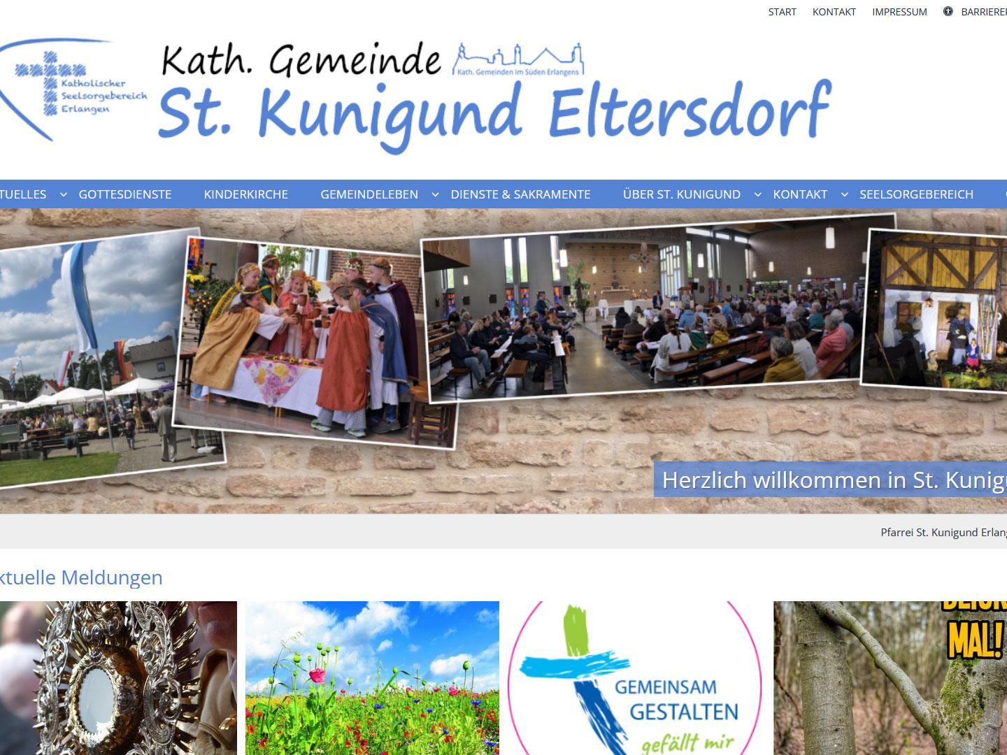 Shot der Startseite der Homepage der Pfarrei St. Kunigund Eltersdorf mit Verlinkung