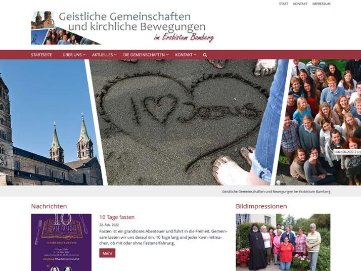 Shot der Startseite der Homepage der Geistlichen Gemeinschaften im Erzbistum Bamberg