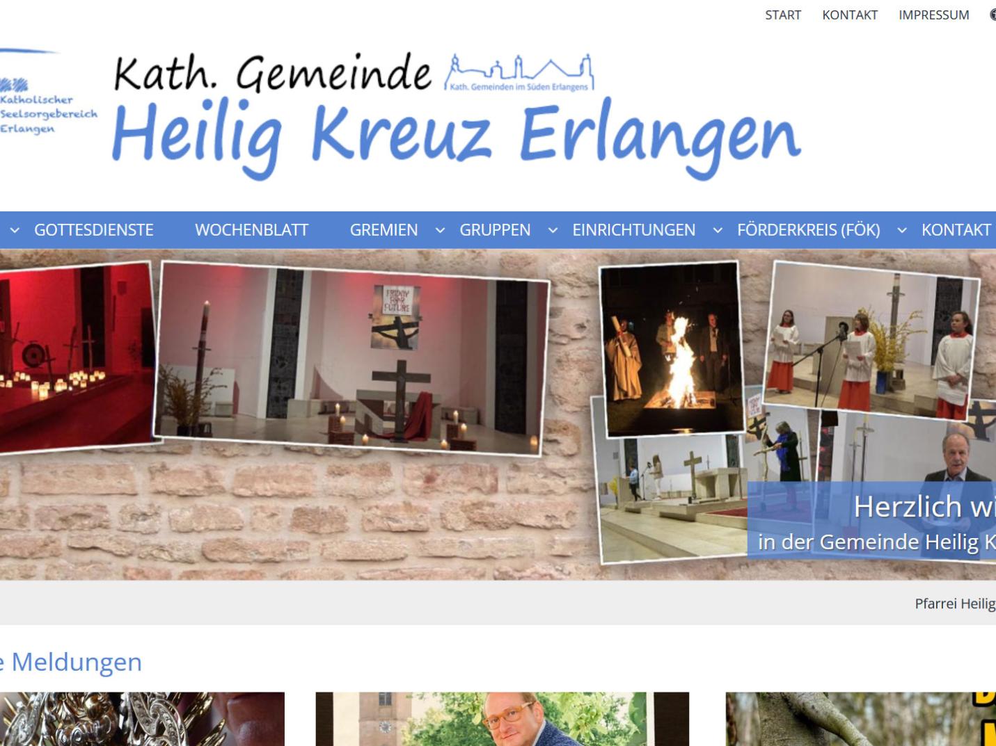 Shot der Startseite der Homepage der Pfarrei Heilig Kreuz Erlangen mit Verlinkung