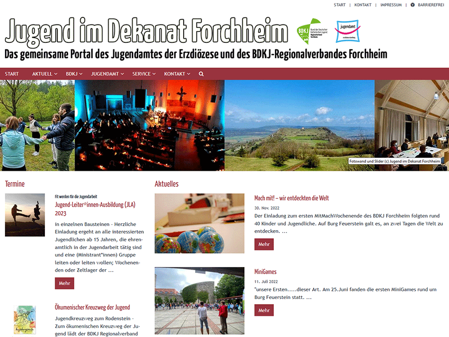 Shot der Startseite der Homepage der Jugend im Dekanat Forchheim