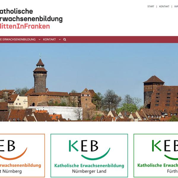 Shot der Startseite der Homepage KEB MittenInFranken mit Verlinkung zur Adresse keb-mitteninfranken.de