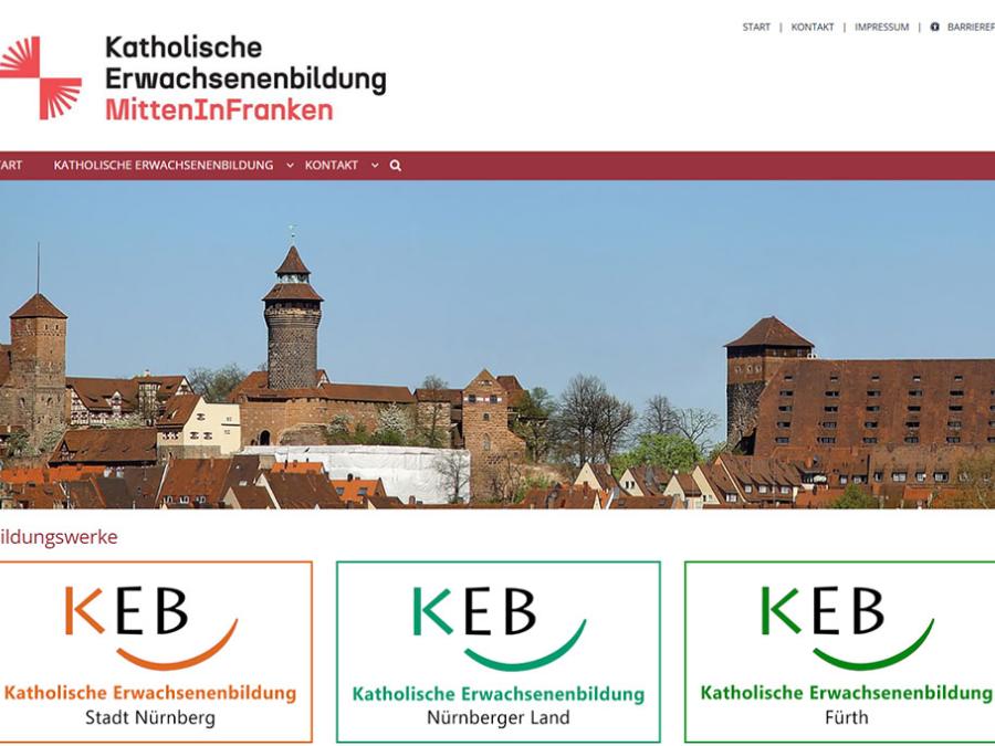 Shot der Startseite der Homepage KEB MittenInFranken mit Verlinkung zur Adresse keb-mitteninfranken.de