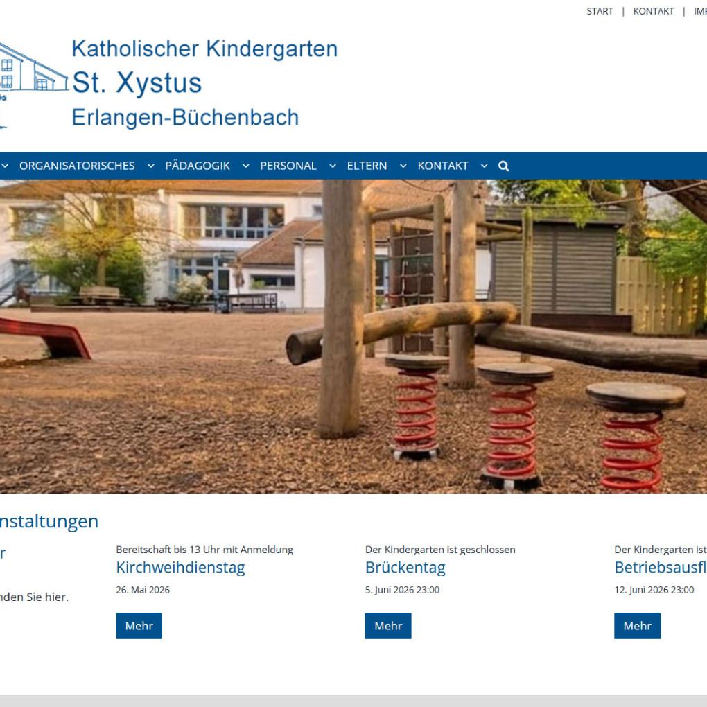 Shot der Startseite der Homepage des Kindergartens St. Xystus Erlangen mit Verlinkung zur Home-Site
