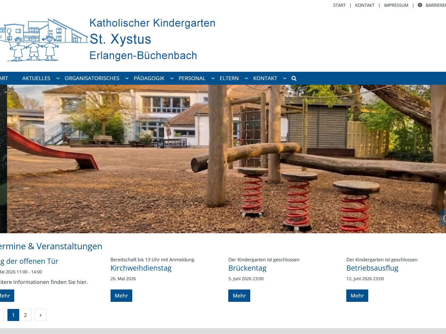 Shot der Startseite der Homepage des Kindergartens St. Xystus Erlangen mit Verlinkung zur Home-Site