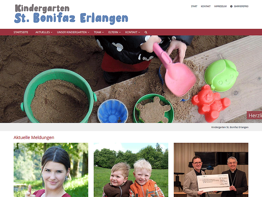 Shot der Startseite der Homepage des Kindergartens St. Bonifaz Erlangen