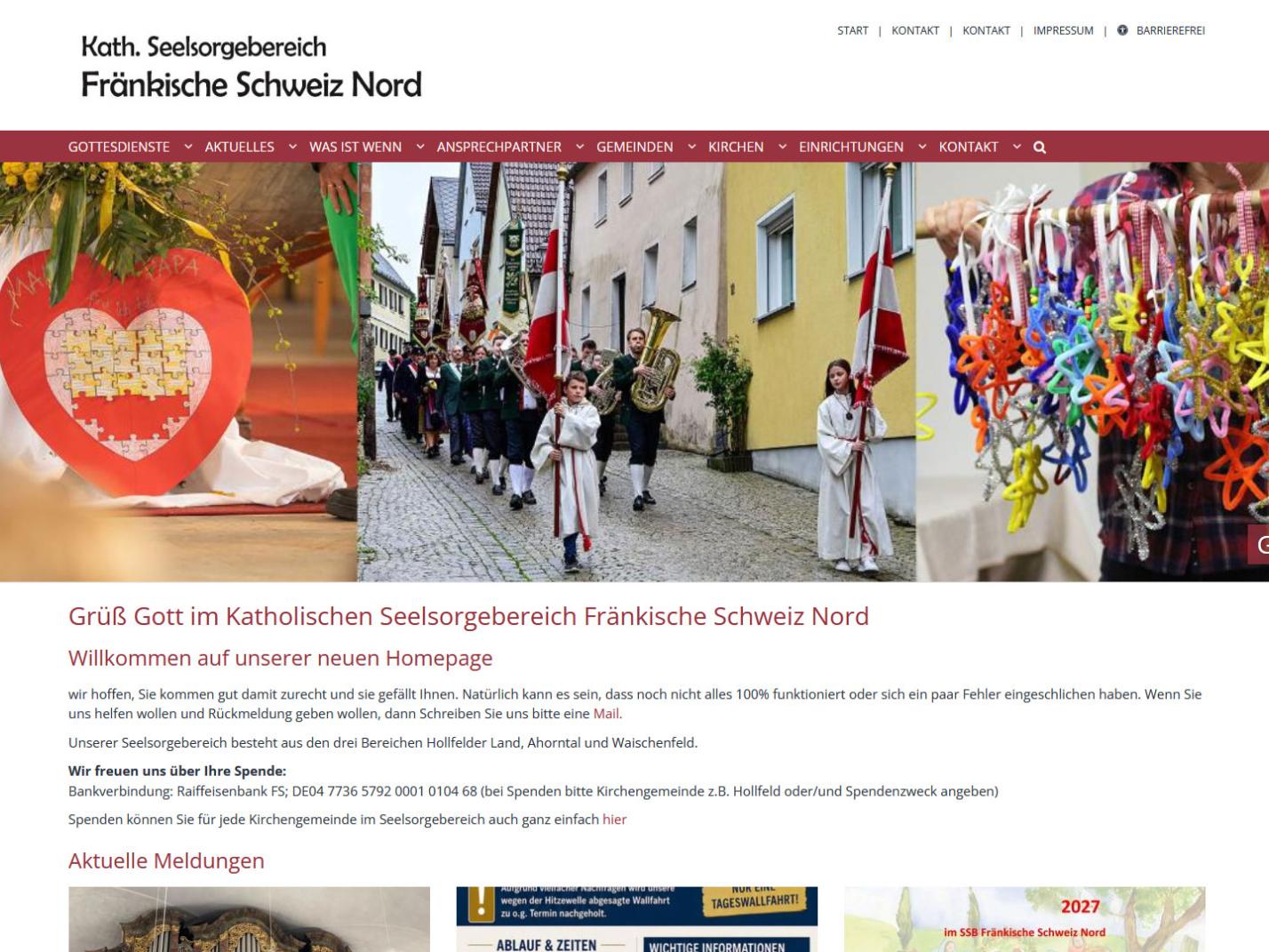 Shot der Startseite der Homepage des Kath. Seelsorgebereichs Fränkische Schweiz Nord mit Verlinkung