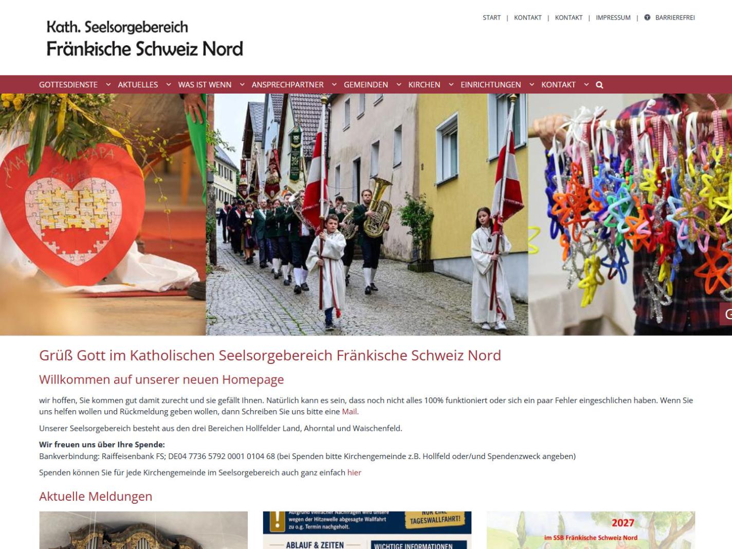 Shot der Startseite der Homepage des Kath. Seelsorgebereichs Fränkische Schweiz Nord mit Verlinkung