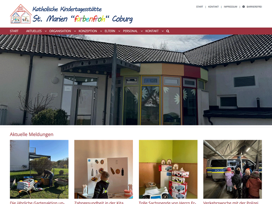 Shot der Startseite der Homepage der Kindertagesstätte „farbenfroh“ St. Marien Coburg mit Verlinkung zur Homepage der Einrichtung