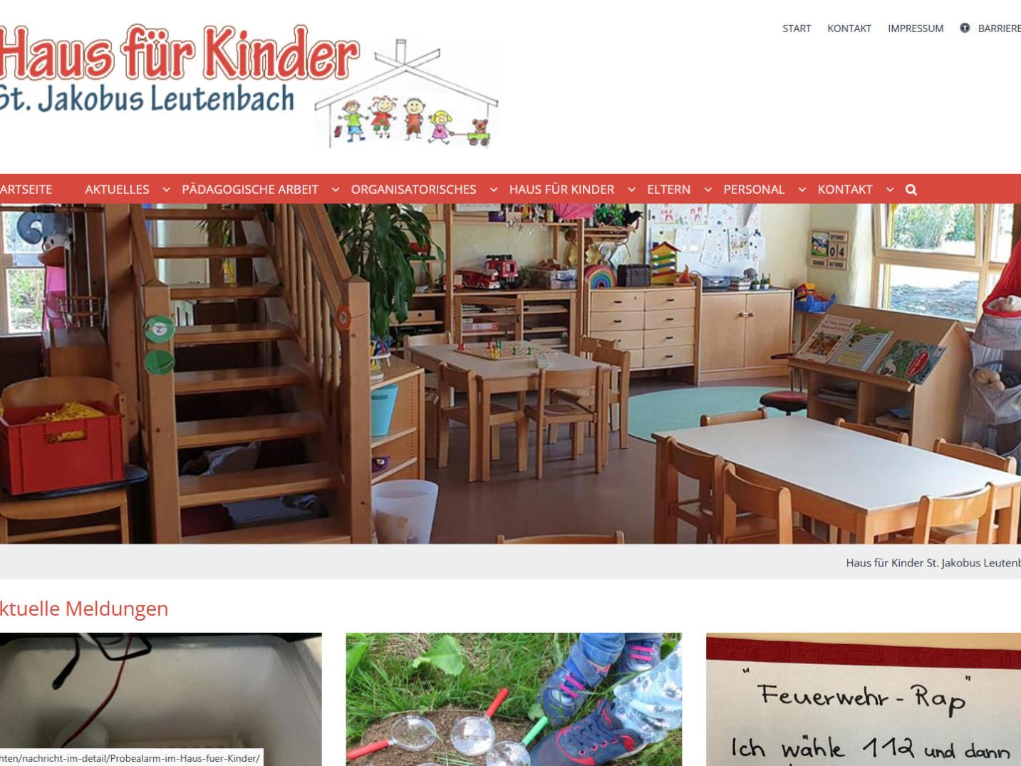 Shot der Startseite der Homepage des Hauses für Kinder St. Jakobus Leutenbach mit Verlinkung