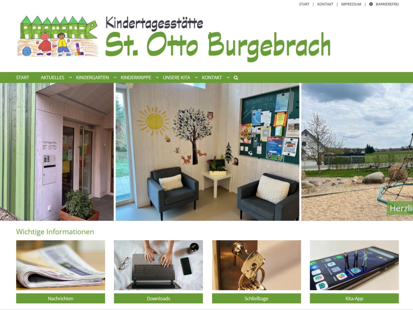 Shot der Startseite der Homepage der Kindertagesstätte St. Otto Burgebrach mit Verlinkung