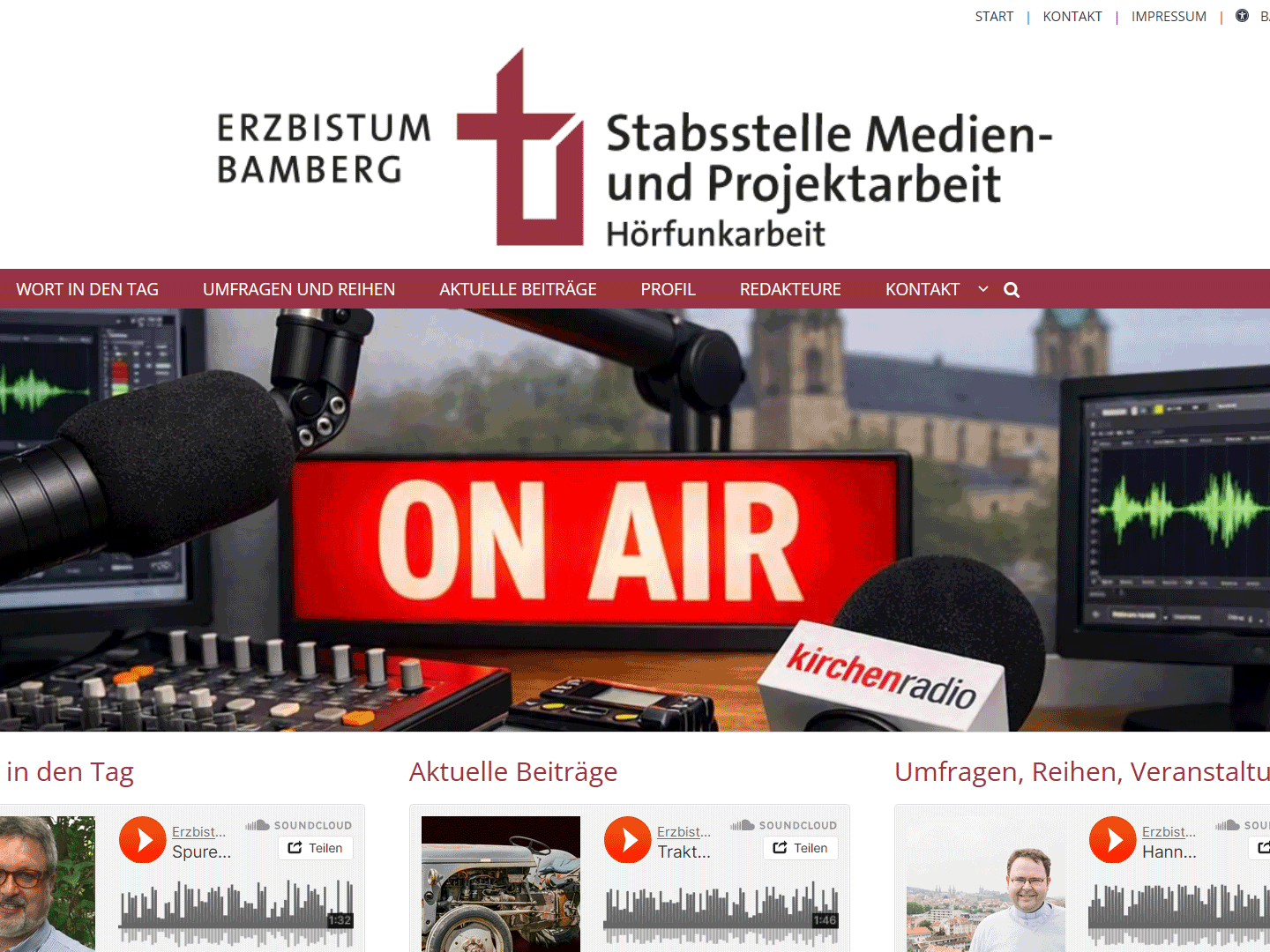 Shot der Startseite der Homepage der Hörfunkredaktion des Erzbistums Bamberg mit Verlinkung