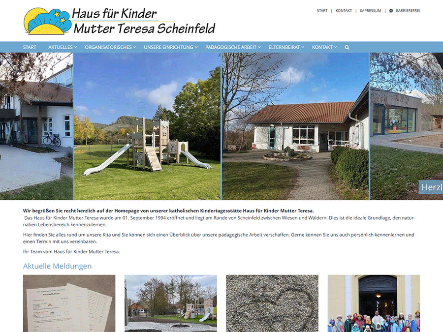 Shot der Startseite der Homepage des Hauses für Kinder Mutter Teresa Scheinfeld