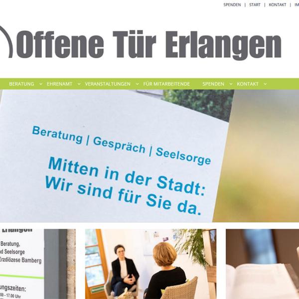 Shot der Startseite der Homepage der Offenen Tür Erlangen mit Verlinkung