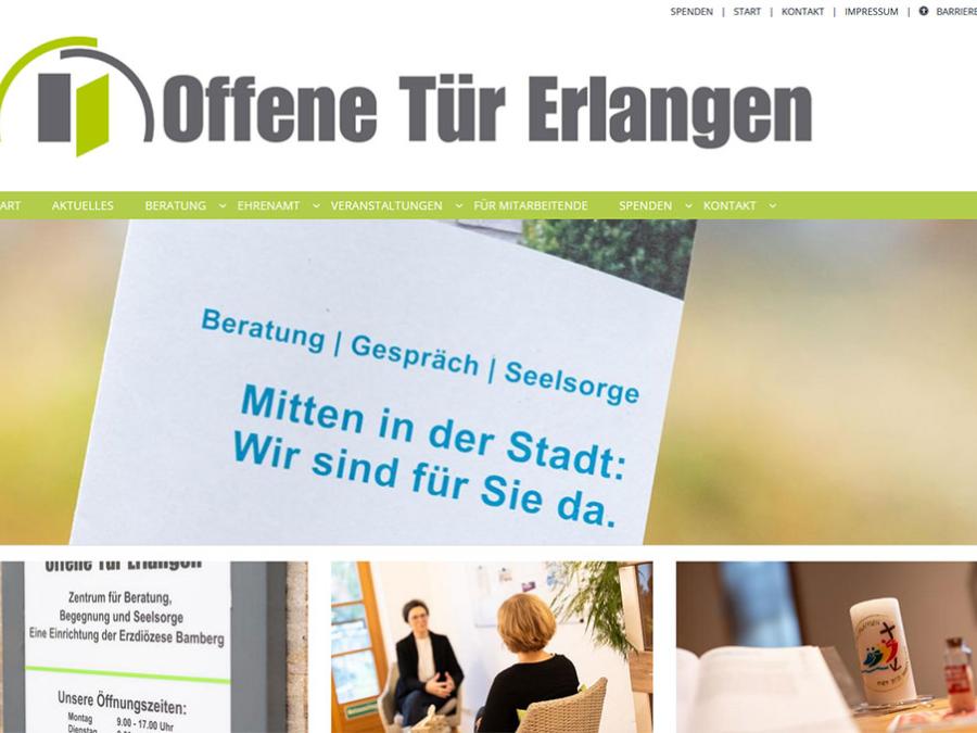 Shot der Startseite der Homepage der Offenen Tür Erlangen mit Verlinkung