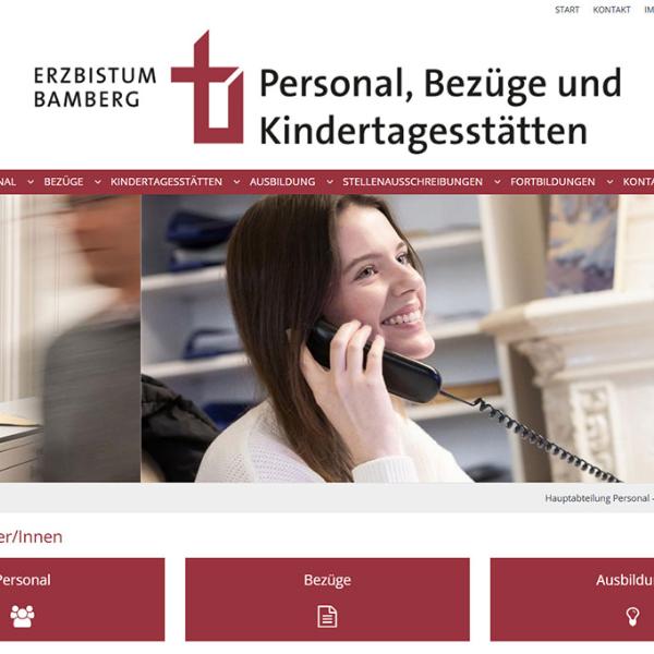 Shot der Startseite der Homepage der Hauptabteilung Personal-Bezüge-Kindertagesstätten des Erzbistums Bamberg mit Verlinkung zur Startseite