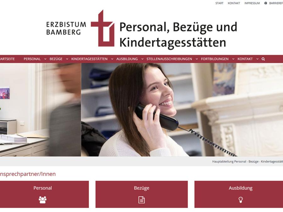 Shot der Startseite der Homepage der Hauptabteilung Personal-Bezüge-Kindertagesstätten des Erzbistums Bamberg mit Verlinkung zur Startseite