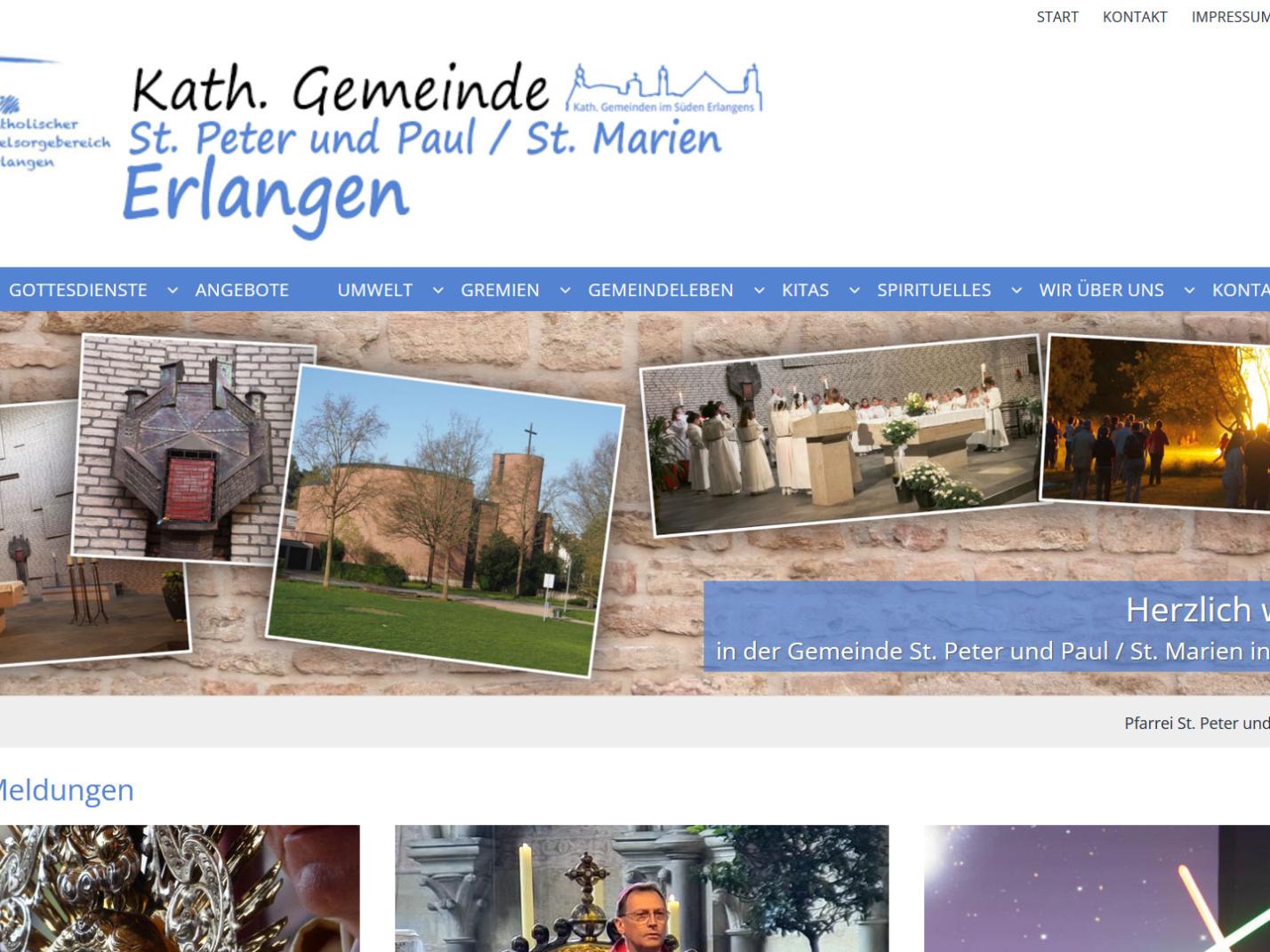 Shot der Startseite der Homepage der Pfarrei St. Peter und Paul und St. Marien Erlangen