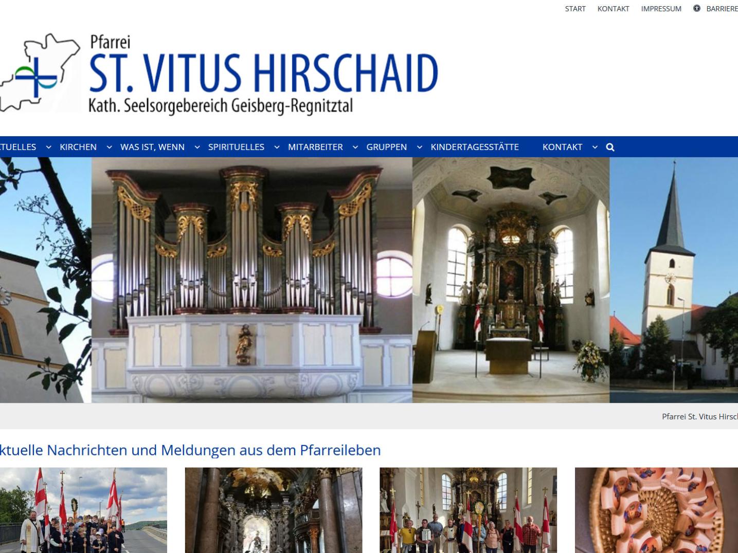 Shot der Startseite der Homepage der Pfarrei Hirschaid mit Verlinkung