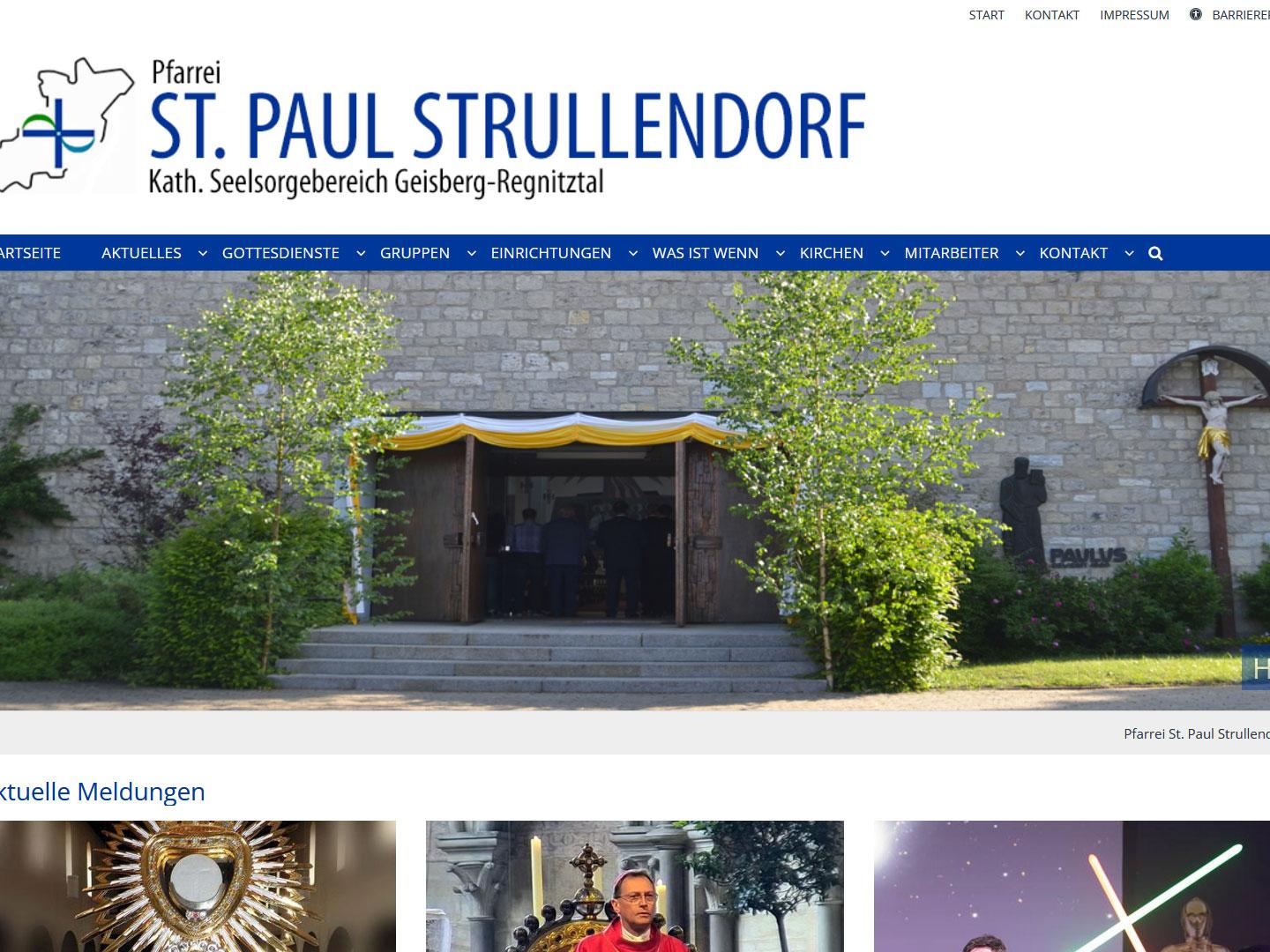 Shot der Startseite der Homepage der Pfarrei Strullendorf mit Verlinkung