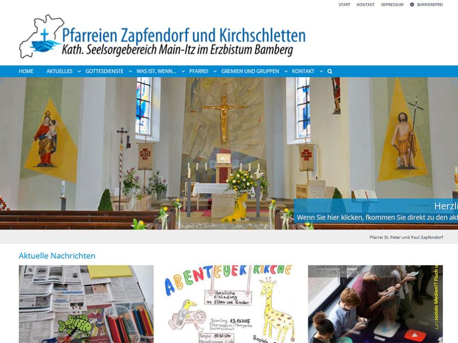Shot der Startseite der Homepage der Pfarreien Zapfendorf und Kirchschletten mit Verlinkung