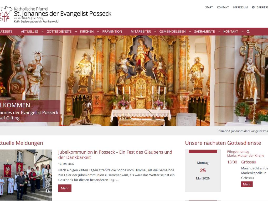 Shot der Startseite der Homepage der Pfarrei Posseck