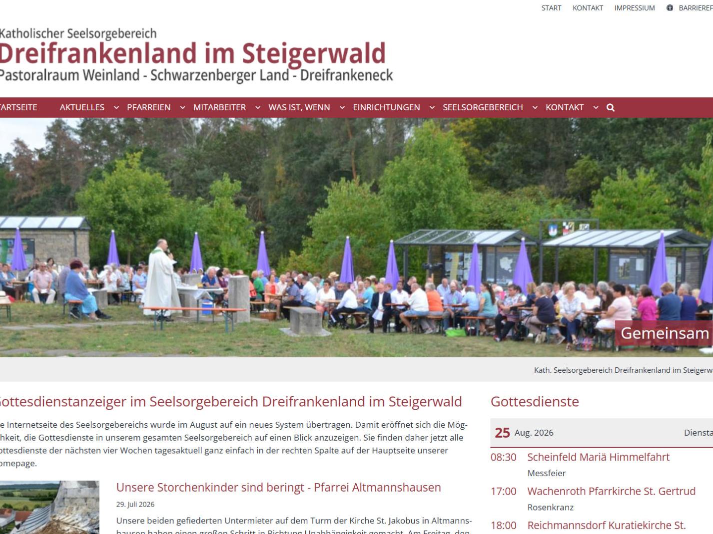 Shot der Startseite der Homepage des Kath. Seelsorgebereichs Dreifrankenland im Steigerwald mit Verlinkung