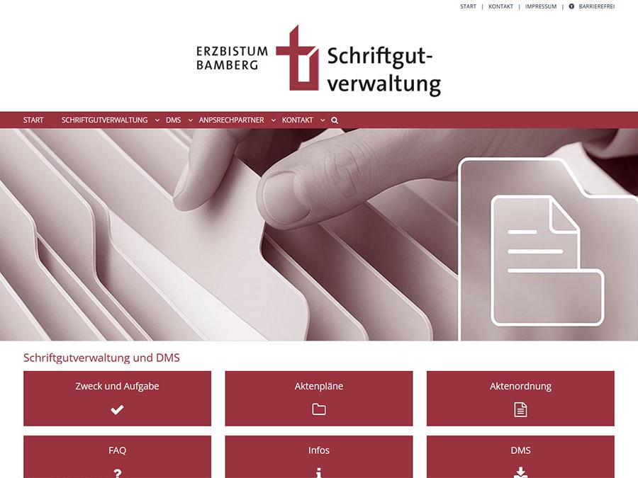 Shot der Startseite der Homepage der Schriftgutverwaltung des Erzbistums Bamberg