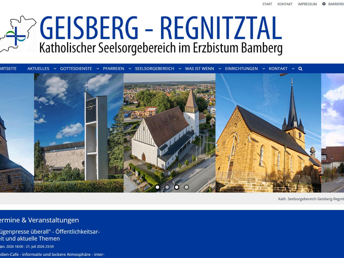 Shot der Startseite der Homepage des Kath. Seelsorgebereichs Geisberg-Regnitztal mit Verlinkung