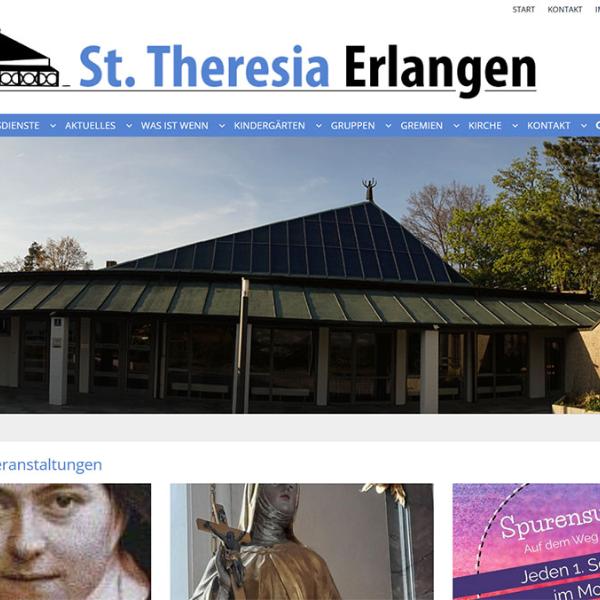 Shot der Startseite der Homepage der Pfarrei St. Theresia Erlangen mit Verlinkung zur Homepage