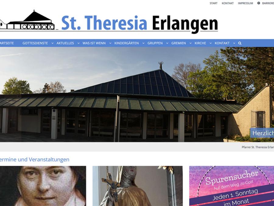 Shot der Startseite der Homepage der Pfarrei St. Theresia Erlangen mit Verlinkung zur Homepage