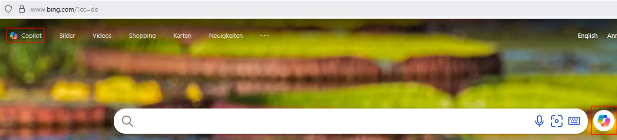 Screenshot von bing.de, der zeigt, wie der Copilot aufgerufen werden kann
